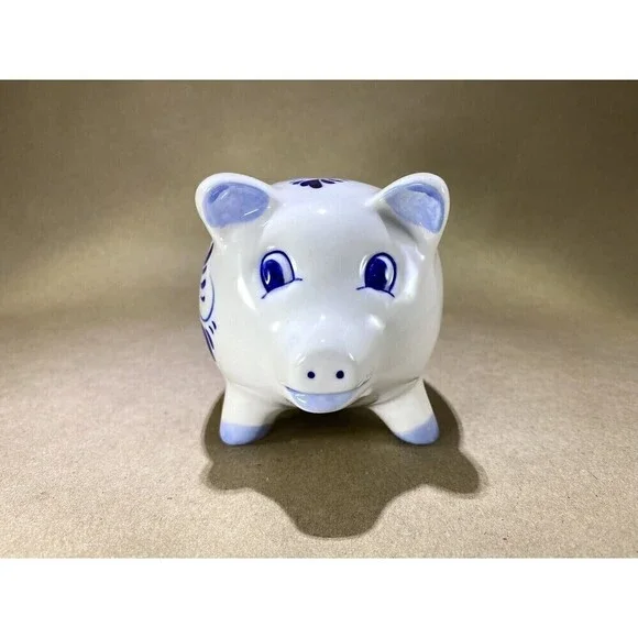 Vtg Hand Painted Delft Blue Small Piggy Coin Bank Holland Collectible w/ Stopper - Picture 5 of 10